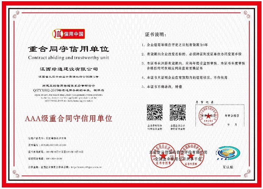 榮譽證書—AAA級重合同守信用單位